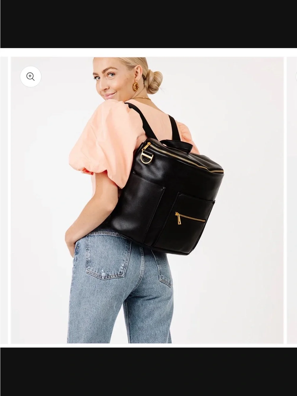 Fawn Diaper Backpack - Black Leather Square Backpack with Gold Hardware